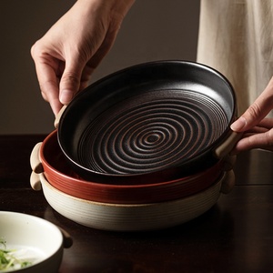 Assiette de service <span class=keywords><strong>en</strong></span> porcelaine vintage à texture spirale, <span class=keywords><strong>plat</strong></span> de cuisson <span class=keywords><strong>en</strong></span> céramique avec poignées latérales, grand <span class=keywords><strong>plat</strong></span> noir résistant <span class=keywords><strong>au</strong></span> <span class=keywords><strong>four</strong></span> - Product Image 6