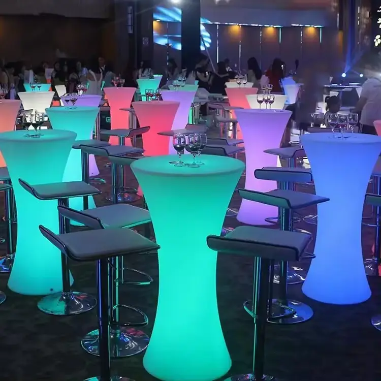 Mesas redondas LED para eventos e festas, mesa de bar com iluminação de fábrica para salão de clubes noturnos ao ar livre, mesa de coquetel de cano alto e jardim
