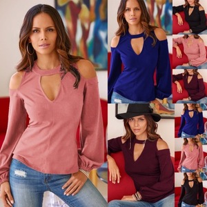 Camiseta de <span class=keywords><strong>manga</strong></span> larga calada con remaches para mujer de Color sólido a <span class=keywords><strong>la</strong></span> moda - Product Image 3