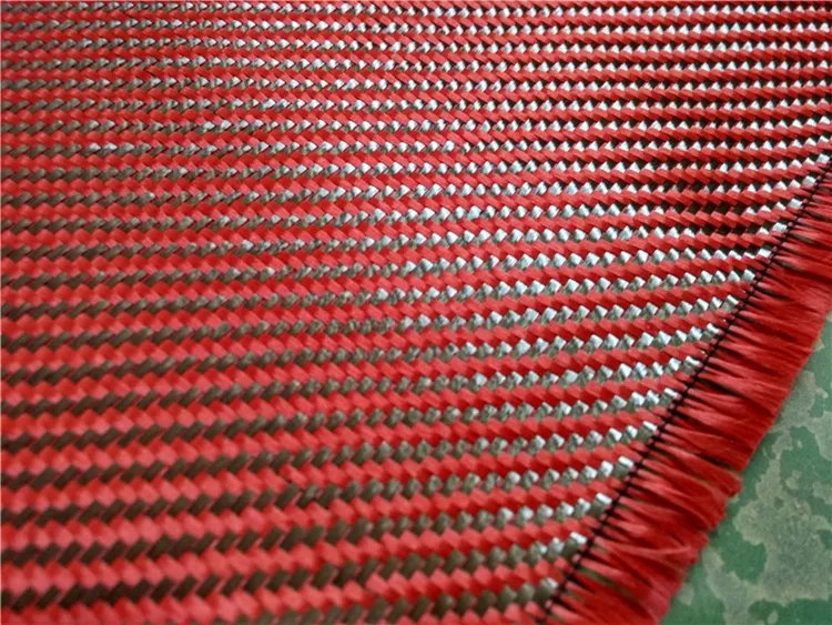 Kırmızı renkli karbon Aramid elyaf tek yönlü çift yönlü karbon Fiber 3k kırmızı Kevlars Aramid elyaf 1500d hibrid kumaş