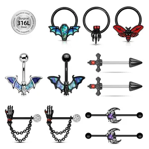 Toposh Punk Roestvrij Staal Zwarte Vleermuis Navel Piercing Halloween Maan Kraakbeen Oorbellen Rode Cz Piercing Sieraden