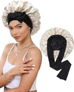 Gorro de Dormir de Satén Sedoso con Borde <span class=keywords><strong>Ancho</strong></span> y Lazo Largo, Gorro de <span class=keywords><strong>Doble</strong></span> Capa para el Cuidado del Cabello Rizado/Natural, Gorro para Dormir de HLC - Product Image 2