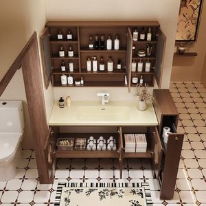 Gabinete de Baño con Espejo Estilo Vintage Dingyue, con Diseño de Trébol de Cuatro Hojas, en Madera de Nogal y Roble, con Lavabo de Cerámica y Luz - Product Image 4