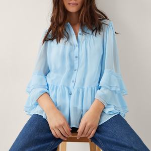 Nueva Blusa Casual de Mujer para Primavera/Verano, Manga Tres Cuartos, Cuello en V, Holgada, con Pliegues, Cinta y Botones, Talla Grande - Product Image 2