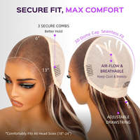 Perruques Megalook 13x6 Three-Go Champagne et Brun Ombré Colorées 6x5 Pré-attachées Sans Colle Ondulées (Loose Body Wave)