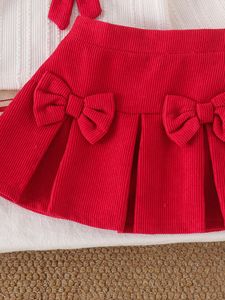 Conjunto de Ropa para Bebé Niña, Camisa Blanca de Manga Larga con Lazos + Falda Roja Plisada con Lazos, Conjunto de 2 Piezas para Cumpleaños - Product Image 4