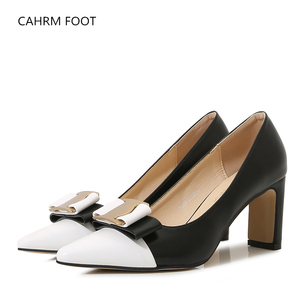 Nuova bocca bassa tacco alto punta a punta francese tacco spesso retrò colore bianco <span class=keywords><strong>e</strong></span> nero abbinato scarpe singole per donna - Product Image 6