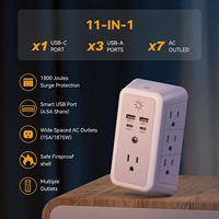 Multiprise murale américaine 7 prises avec protection contre les surtensions et ports USB-C, avec veilleuse intelligente pour salle de bain