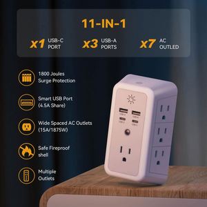 US Stock Socket Wall Outlet 7 Outlet Extender Surge Protector <strong>with</strong> USB C Multi <strong>Plug</strong> Outlet <strong>with</strong> Smart Night <strong>Light</strong> for Bathroom - Product Image 2