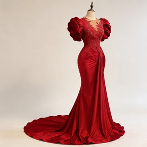 Abito da Sera Elegante <span class=keywords><strong>Rosso</strong></span> di Lusso con Applicazioni in Pizzo e Perline, Collo Trasparente in <span class=keywords><strong>Velluto</strong></span>, <span class=keywords><strong>Vestito</strong></span> Formale da Cerimonia Stile Sirena - Product Image 2