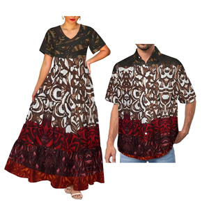 Abito Elegante a Strati con Scollo a V per Donna e Camicia con Colletto per Uomo con Stampa a Sublimazione Design Polinesiano Tie-dye - Product Image 6
