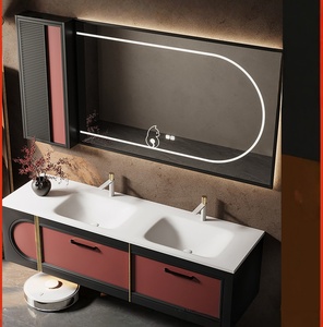 Original French retro rock slab integrated basin <b>oak</b> high-end wall mounted bathroom cabinet - Product Image 1