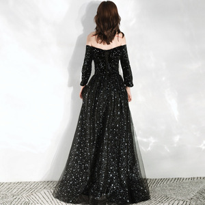 Abito da sera a-line <span class=keywords><strong>paillettes</strong></span> nere brillante o-collo mezza manica abito da ballo formale donna Vintage lungo fino al pavimento abito da festa - Product Image 4