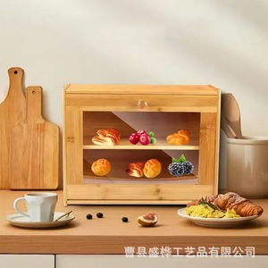 Bamboo Bread Storage Box Double Layer Solid Wood With Wooden Lid For <b>Kitchen</b> Bakery Use - Product Image 2