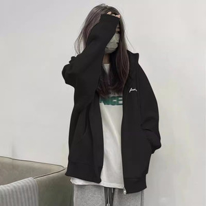 Grey Korean Style Fleece Lined Sweatshirt Women Winter Hooded Drawstring Zipper <b>Cardigan</b> Casual Loose Top - Product Image 4