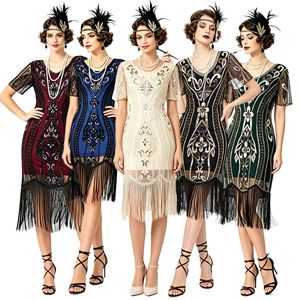1920s <b>Sequined</b> Tassel Skirt Retro Party Evening Dress Scoop Neck Sheath Embroidered Organza Vintage Style - Product Image 1