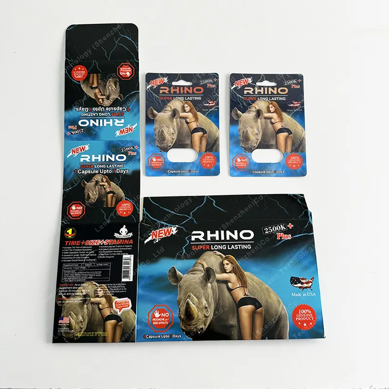 Custom design 3D blister card con etichetta sticker maschio potenziatore rinoceronte scatola di pillole per la confezione di capsule