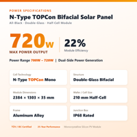 Panel Surya Bifasial 700W 720W Tipe-N TOPCon Kaca Ganda Hitam Penuh Sel Setengah 210mm Modul PV Mono Efisiensi 22%