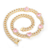 Hip Hop 10mm Zircon Chaîne Cubaine Ouvert Chrome Rose Coeurs En Forme De Collier De Mode Bijoux Colliers En Gros Colliers pour Femmes