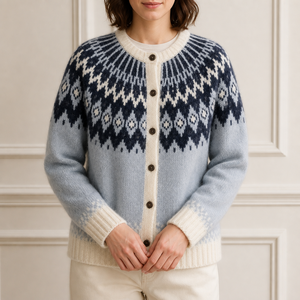 Cardigan Fair Isle personnalisé pour femme, col rond, <span class=keywords><strong>bleu</strong></span> clair <span class=keywords><strong>marine</strong></span>, avec encolure à motif losanges, usine OEM ODM - Product Image 1