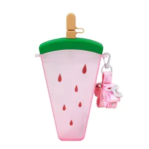 Botellas de agua de plástico, bonita botella de agua de helado de sandía con botella de pajita, taza de Paleta portátil anticaída, agua para niños