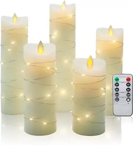 Juego blanco de 5 velas LED de llama en movimiento con Control remoto para decoración del hogar de bodas con una pequeña cadena de luces