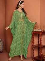 Robe Abaya pour femmes musulmanes en mousseline de soie texturée haute couture, imprimée, verte, avec dentelle et perles, pour les tenues de banquet