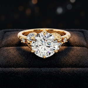 Anillo de Compromiso con Diamante Cultivado en Laboratorio de Corte Redondo, Inspirado en la Naturaleza, con Detalle de Hoja, para Aniversario o Boda, Oro 10K/14K/18K, Plata 925/935 - Product Image 1