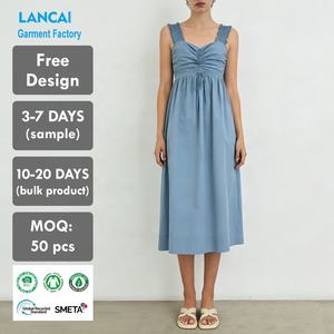 Fournisseur Vérifié Fabricant de Vêtements Robe Midi Premium en Popeline de Coton Personnalisée avec Corsage Froncé et Encolure Cœur pour Femme - Product Image 1