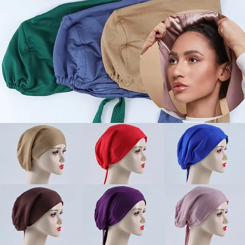 Cachecol estampado de cetim com forro de seda, camisa muscular de algodão, lenço de elástico, tampas de hijab, 2023 premium