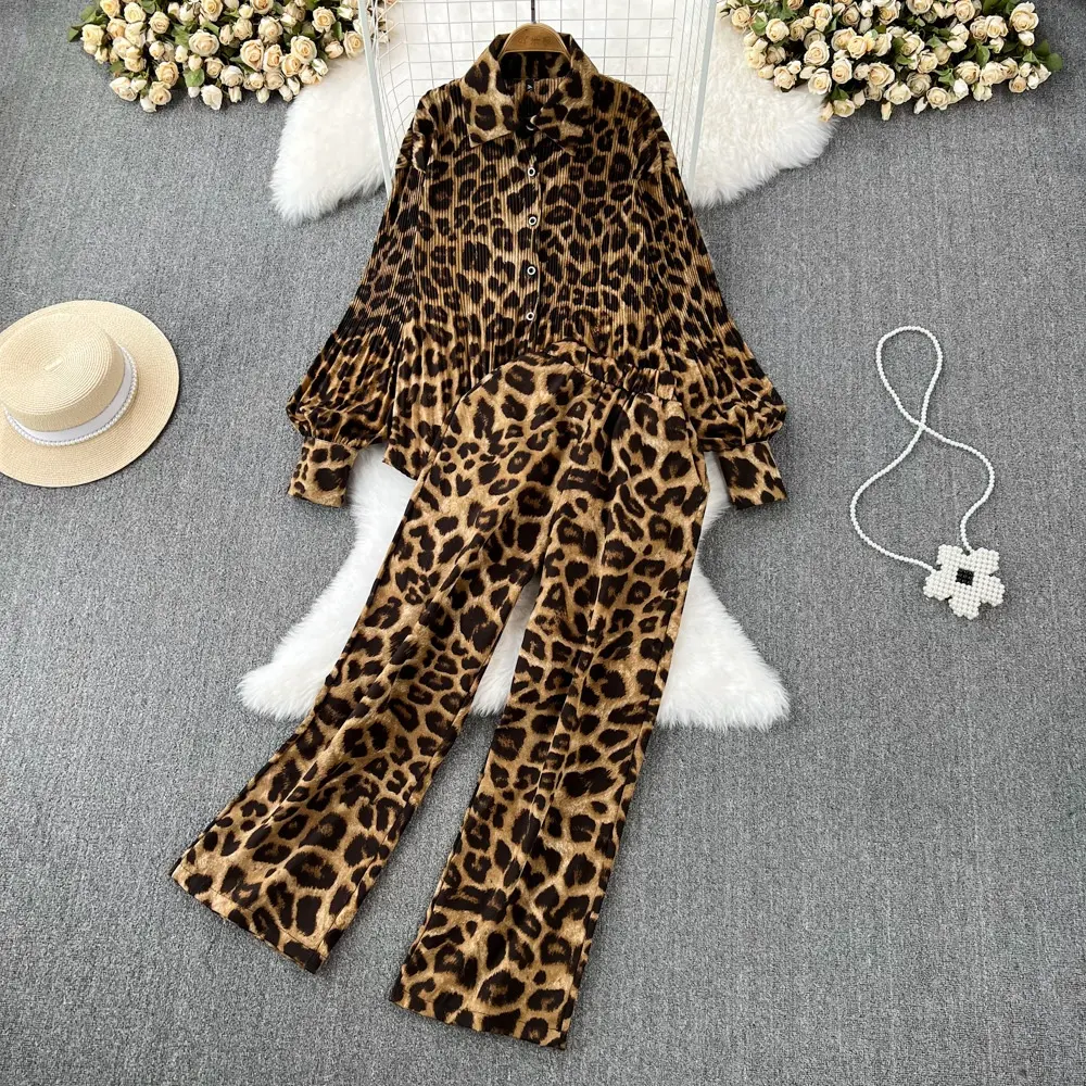 Женский комплект из 2 предметов, рубашка с рукавом-фонариком и леопардовым принтом + широкие брюки с высокой талией, женские костюмы, боди, костюмы для женщин