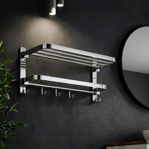 Toallero de pared de acero inoxidable de doble capa con ganchos, estante organizador de baño con acabado pulido espejo - Product Image 6