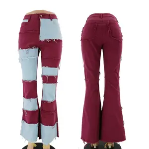 A Vita alta Flare Pantaloni Per Le Donne Con Tasche Scarni Elastici Del Denim Delle Signore della Donna Casuale pantaloni Larghi del piedino dei jeans Patchwork Push Up di modo