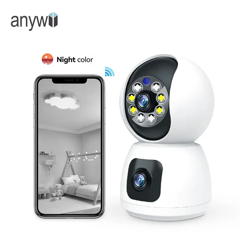 Anywii OEM P100A การรักษาความปลอดภัยภายในบ้านสมาร์ท Wifi กล้อง Ip 2mp เลนส์คู่ Night Vision Wifi กล้อง CMOS สองทางเสียงเด็กจอภาพ