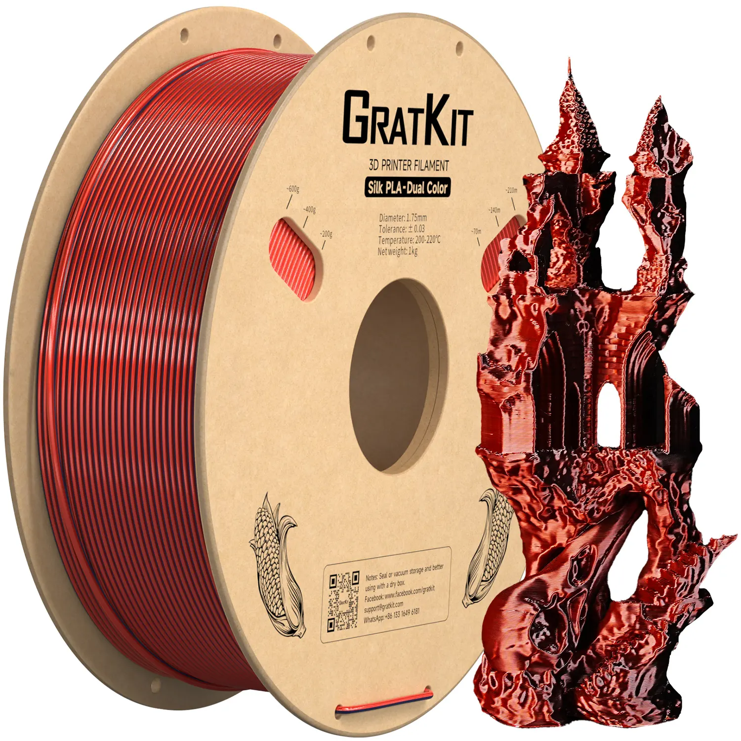 Gratkit – filament PLA bicolore en soie, 2 couleurs en 1 rouleau, 1.75mm pour imprimante 3D