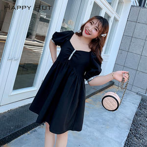 Robe pour femme grande taille Happy Hut, noire, col carré, manches bouffantes, bordure à paillettes, N7075 - Product Image 1