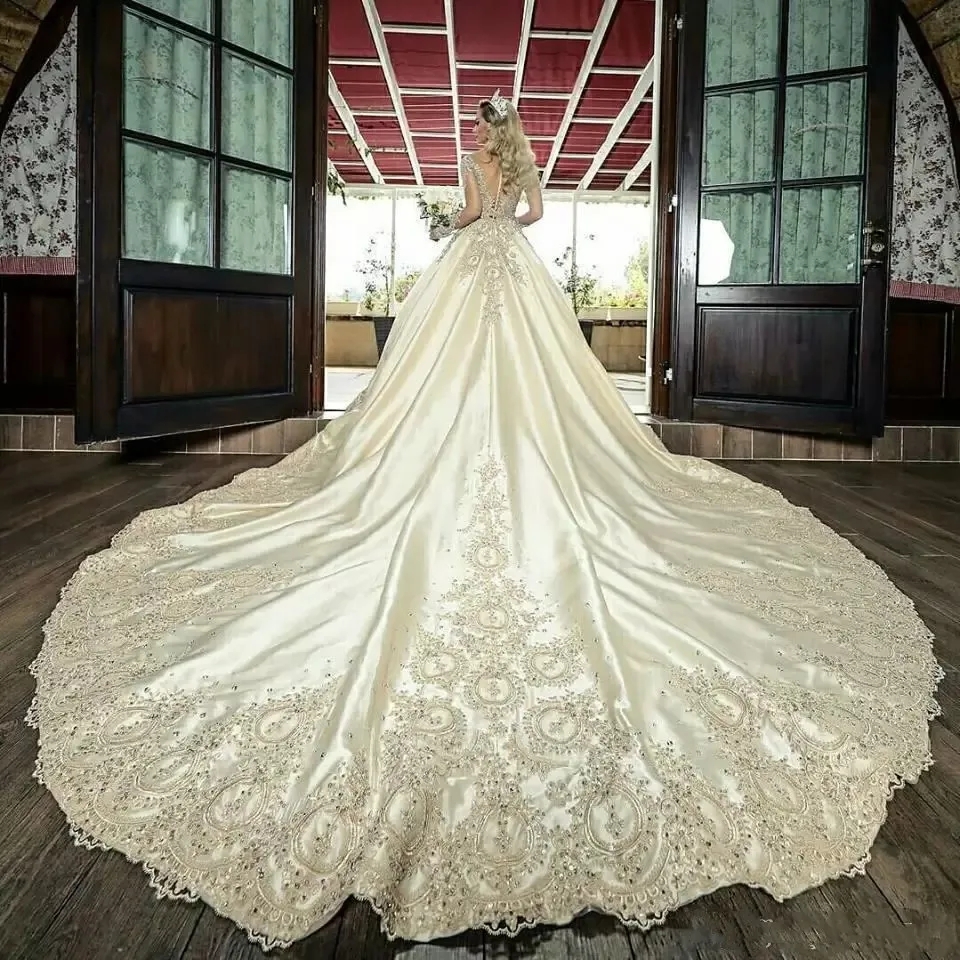 Vintage Champagne Satin Lace Applique Wedding Dress Elegant Sheer Long  Sleeves Princess Plus Size Saudi Arabic Dubai Bridal| Alibaba.com