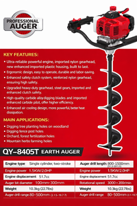 Vetex Toptan Benzinli Toprak Burgu Makinesi 51.7cc 1.5kW Ağır Hizmet Tipi Benzinli Direk Deliği Kazıcı Ağaç Dikimi ve Çit Kazma İçin - Product Image 5