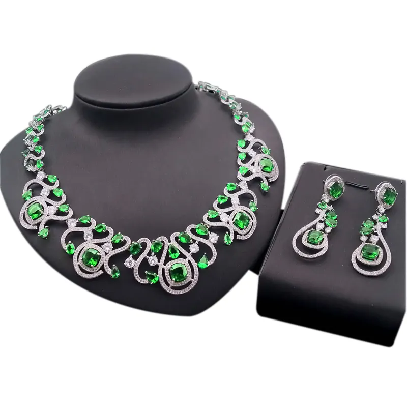 Cubic Zirconia Green Stone Jewelry Sets Beautiful Fashion Bridal Jewellery Set Women Wedding Nigerian Necklace Set Birthday Gift