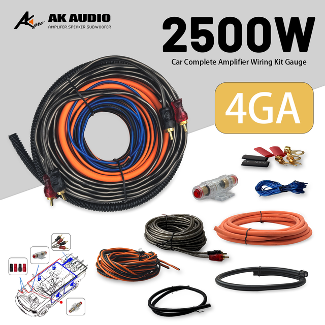 AK-4GAS Good Quality 4GA 2500W Car Amp Wiring Kit Car Audio Cable Kit Amplifier Install RCA Subwoofer Sub Wiring Set Wire Fuse
