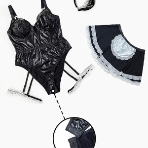 Ensemble <span class=keywords><strong>de</strong></span> lingerie cosplay <span class=keywords><strong>de</strong></span> femme <span class=keywords><strong>de</strong></span> chambre en similicuir grande taille, robe à <span class=keywords><strong>tablier</strong></span> en dentelle, porte-jarretelles, tenue d'Halloween pour femme, noir 1XL-4XL - Product Image 4