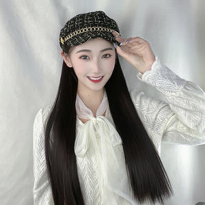 Parrucca Sintetica alla Moda <span class=keywords><strong>2026</strong></span>, Stile Piccolo e Raffinato, Parrucca con Cappello Integrato, Capelli Lunghi Lisci Neri, Densità 100%, Resistente al Calore - Product Image 5