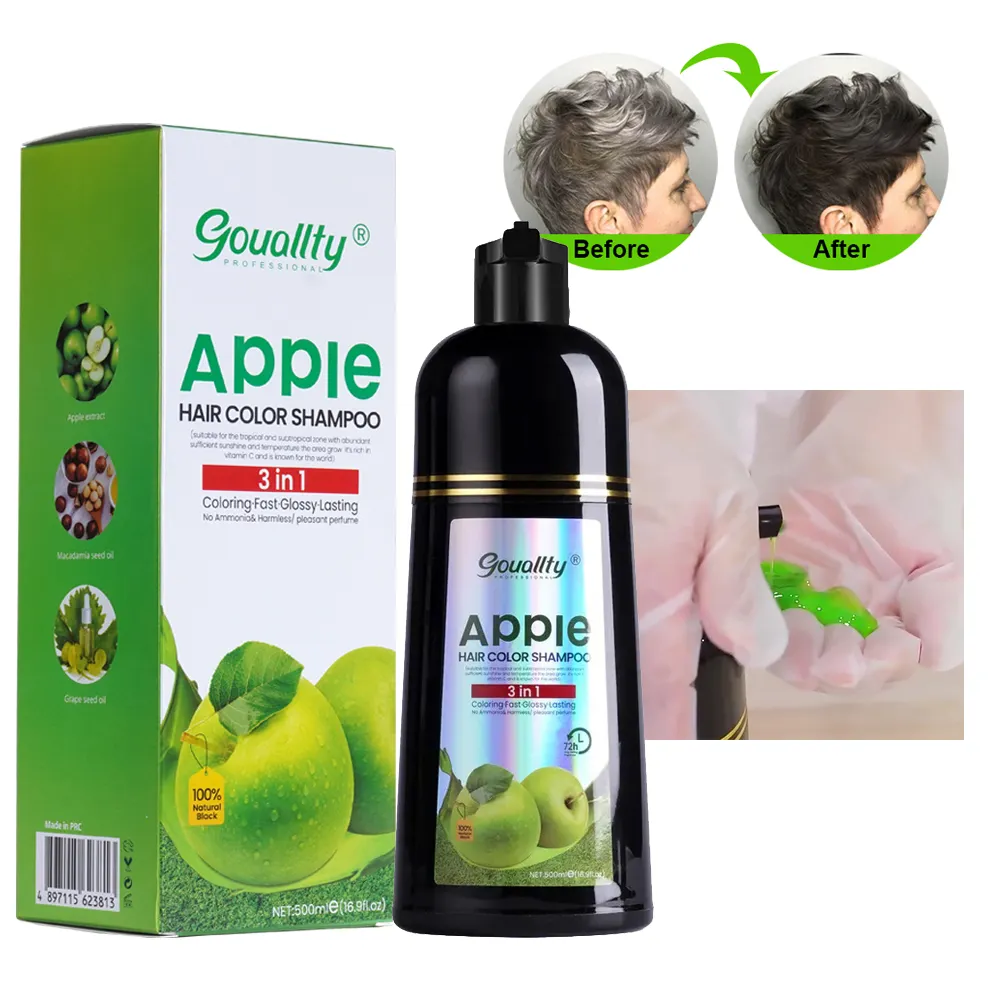 In Stock Private Label Herbal Apple Natural Black Hair Color Shampoo Custom Black Hair Dye Shampoo For Men Women