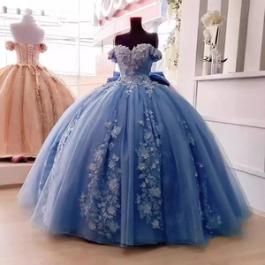 Blue Off The Shoulder Ball Gown Chiffon Floral Print Empire Waistline Evening Dress For Piano Performance Graduation Ceremony - Product Image 4