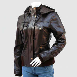 2025 chaqueta de cuero para mujer más vendida con capucha extraíble Casual piel de cordero real marrón y negro chaqueta de cuero para mujer - Product Image 1