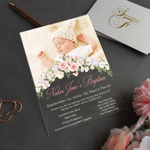 Primera Comunión Bautizo Blush Flores blancas Acrílico Tarjeta <span class=keywords><strong>de</strong></span> invitación para niña bebé Bautismo con imagen - Product Image 4