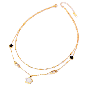 Collier Double couche à cinq branches en acier inoxydable pour femmes et filles, pendentif en coquillage noir et blanc avec diamant carré - Product Image 5