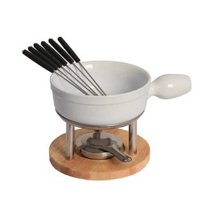 Ensemble de casseroles pour <span class=keywords><strong>Fondue</strong></span> au fromage, en céramique blanche, avec assiettes en bois - Product Image 1