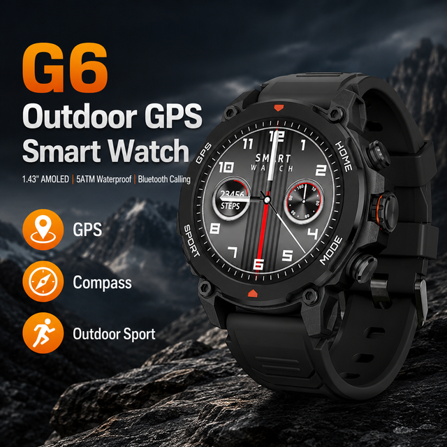 Ready to Ship G6 Outdoor GPS Smart Watch 1.43 Inch AMOLED 5ATM Waterproof Compass Barometer Bluetooth Calling