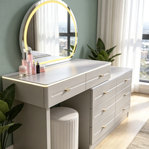 Modern Makeup Vanity <b>With</b> Lighted Oval Mirror And Storage <b>Drawers</b> Bedroom <b>Dressing</b> <b>Table</b> - Product Image 3